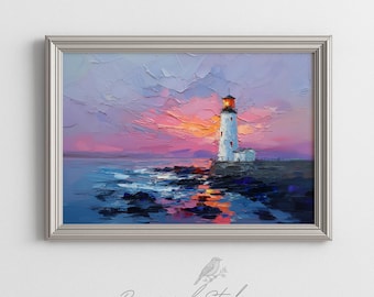 Vuurtoren zonsondergang Impasto olieverfschilderij afdrukken kleurrijke rotsachtige kust nautische muur kunst kust vuurtoren minnaar cadeau digitale download 188