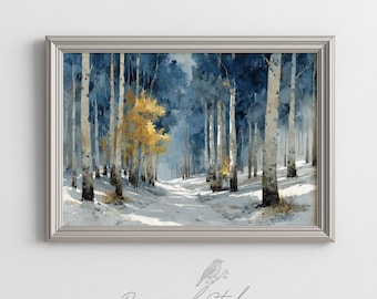 Winter Birch Grove Printable - Moody Minimalist Landscape Art, Serene Snowy Forest Scene, Indigo Watercolor Painting, Digital Download 599