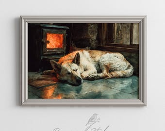 Cozy Winter Dog by the Fire Watercolor Painting - Rustic Farmhouse Decor, Moody Amber Glow, Cottagecore Warmth, Printable Digital Art 587