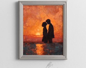 Romantic Impressionist Silhouetted Couple Sunset at Beach Printable Wall Art Painting Valentines Day Anniversary Gift Digital Download 510