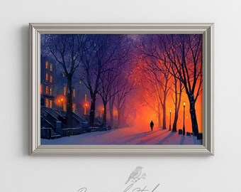 Twilight Snowy Park Path - Watercolor Painting, Cozy Winter Scene with Streetlights, Moody Holiday Printable Wall Art, Digital Download 595