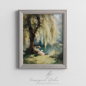 Alla hjärtans dag-tryck - Vintage par som läser under gråtande pilmålning - romantisk akvarellkonst, digital nedladdning 516