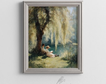 Valentines Day Print - Vintage Couple Reading under Weeping Willow Painting - Romantic Watercolor Art, Digital Download 516