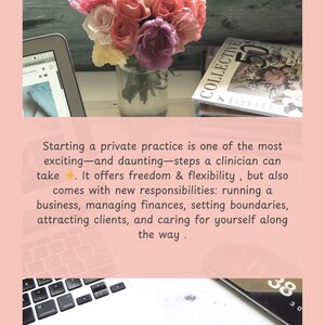 Puede incluir: Un ramo de rosas rosas, rojas y amarillas en un jarr&oacute;n de cristal transparente. Se ven una tableta y una revista titulada "COLLECTIVE". El texto de la imagen dice: "Starting a private practice is one of the most exciting..." y "By Lauren Graham, LCSW."