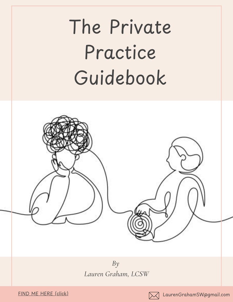 Puede incluir: Portada de libro de color melocot&oacute;n claro con el t&iacute;tulo "The Private Practice Guidebook" en texto negro. Debajo del t&iacute;tulo, un dibujo lineal de dos figuras conectadas por una l&iacute;nea. Tambi&eacute;n se muestra el nombre del autor, Lauren Graham, LCSW.