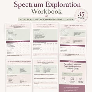 Puede incluir: Un cuaderno de trabajo de 35 páginas para la exploración del espectro asexual y arromántico, que incluye una evaluación clínica y una guía para terapeutas. El documento contiene secciones sobre patrones de atracción y respuestas fisiológicas.