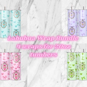 May include: A bundle of four 20oz tumblers with various designs. The tumblers feature a baby-themed design with a framed illustration of a baby, bows, and hearts. The color schemes include blue, purple, pink, and green, with the text "Labubua Wrap Bundle".