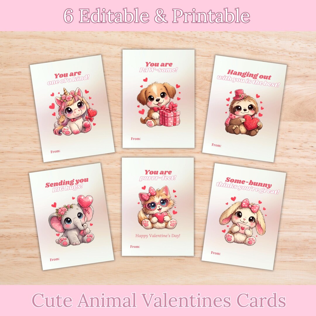 Cute Animal Valentine Cards for Kids, Printable Classroom Valentines ...