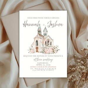 Puede incluir: Invitación de boda con una ilustración en acuarela de una iglesia y adornos florales. La invitación incluye los nombres "Hannah + Joshua" y los detalles del evento: sábado 25 de abril de 2026, en la iglesia de San Miguel.
