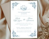 Blue Christian Wedding Invitation, Matthew 19:6 Bible Verse Invite, Elegant Swan Design, Editable Canva Template, Faith Wedding Download