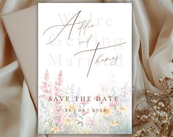 Faith Based Wildflower Save the Date Template, Christian Floral Wedding, Editable Pastel Wedding Announcement, Canva Digital Download
