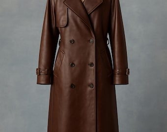 Handcrafted Brown Leather Trench Coat | Classic Long Double-Breasted Overcoat for Women By Storm Jackets