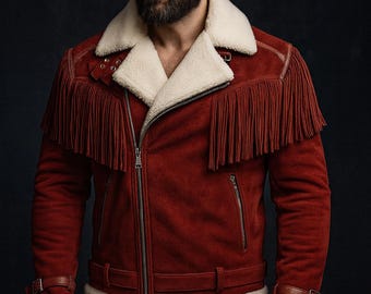 Men's Red Suede Fringe Jacket | Vintage Western Cowboy Shearling Coat