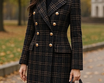 Women's Long Plaid Wool Trench Coat | Double Breasted Vintage Winter Overcoat By Storm Jackets