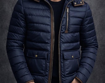 Men's Navy Puffer Jacket with Hood | Quilted Winter Coat