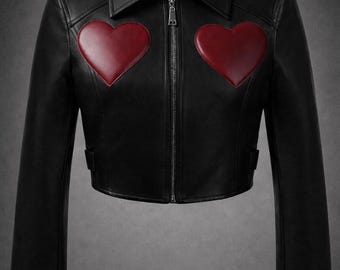 Black Cropped Leather Jacket with Red Heart Patches | Gothic Statement Biker Jacket For Women
