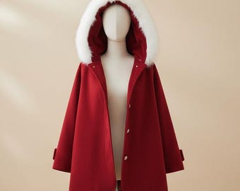 Women's Oversized Red Wool Jacket with Fur Hood | Little Red Riding Hood Style Cape By Storm Jackets