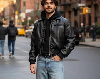 Vintage Style Black Leather Bomber Jacket | Gen Z Fashion