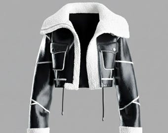 Black Cropped Leather Shearling Jacket | Aviator Biker Jacket with Teddy White Collar