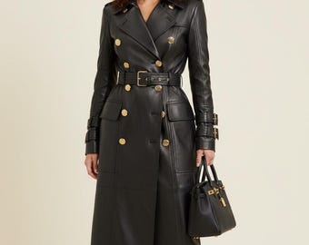 Luxury Black Leather Trench Coat | Double-Breasted Long Overcoat with Gold Button Detail