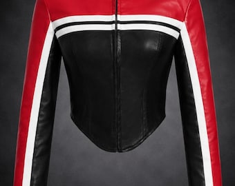 Red and Black Cropped Leather Moto Jacket | Y2K Racing Jacket Biker Style Statement Top