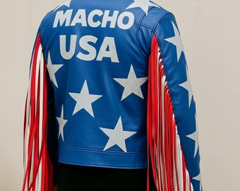 Patriotic Star-Studded Blue Leather Jacket with Fringe | Statement USA Biker Style By Storm Jackets