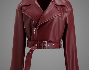 Burgundy Vegan Leather Moto Jacket | Cropped Biker Jacket with Belt