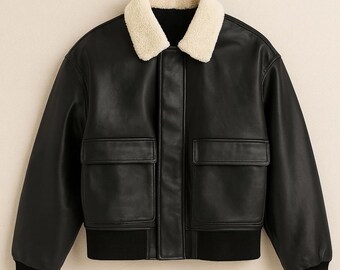 Black Leather Aviator Jacket with Cream Sherpa Collar | Bomber Jacket By Storm Jackets