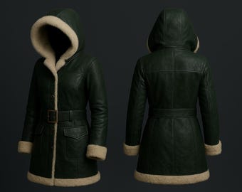 Dark Green Leather Santa Coat | Christmas Hooded Jacket | Vintage Holiday Costume