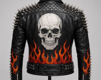 Black Ghost Leather Biker Jacket | Punk Studded Motorcycle Jacket | Flame Styled Skull printed Jacket | Gothic Mens Jacket