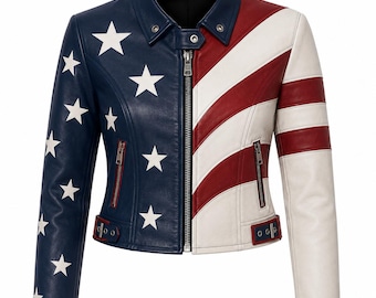 American Flag Style Cropped Moto Jacket | USA Inspired Red White Blue Patriotic Leather Jacket for Women