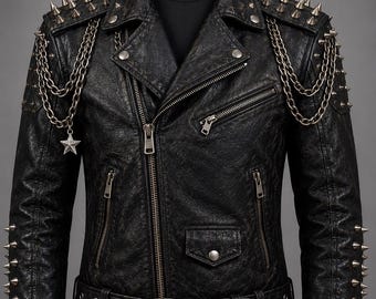 Punk Leather Biker Jacket | Studded Spiked Motorcycle Jacket with chain | Gothic Rocker Jacket