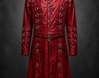Red Hooded Leather Coat Men, Gothic Trench Coat, Assassin Costume, Medieval Cloak, Fantasy Cosplay Outfit, Steampunk Leather Jacket