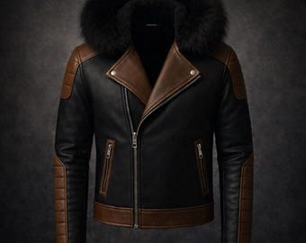 Men's Black & Brown Leather Biker Jacket | Luxury Fur Collar Moto Coat