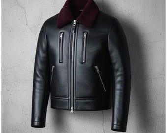 Black Leather Bomber Jacket | Maroon Shearling Collar, Biker Coat