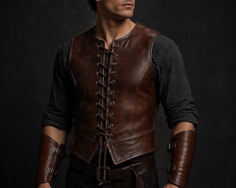 Medieval Brown Leather Vest with Arm Bracers – Handmade Lace-Up Renaissance Vest – Viking Warrior Costume Armor – LARP Cosplay Outfit for Me