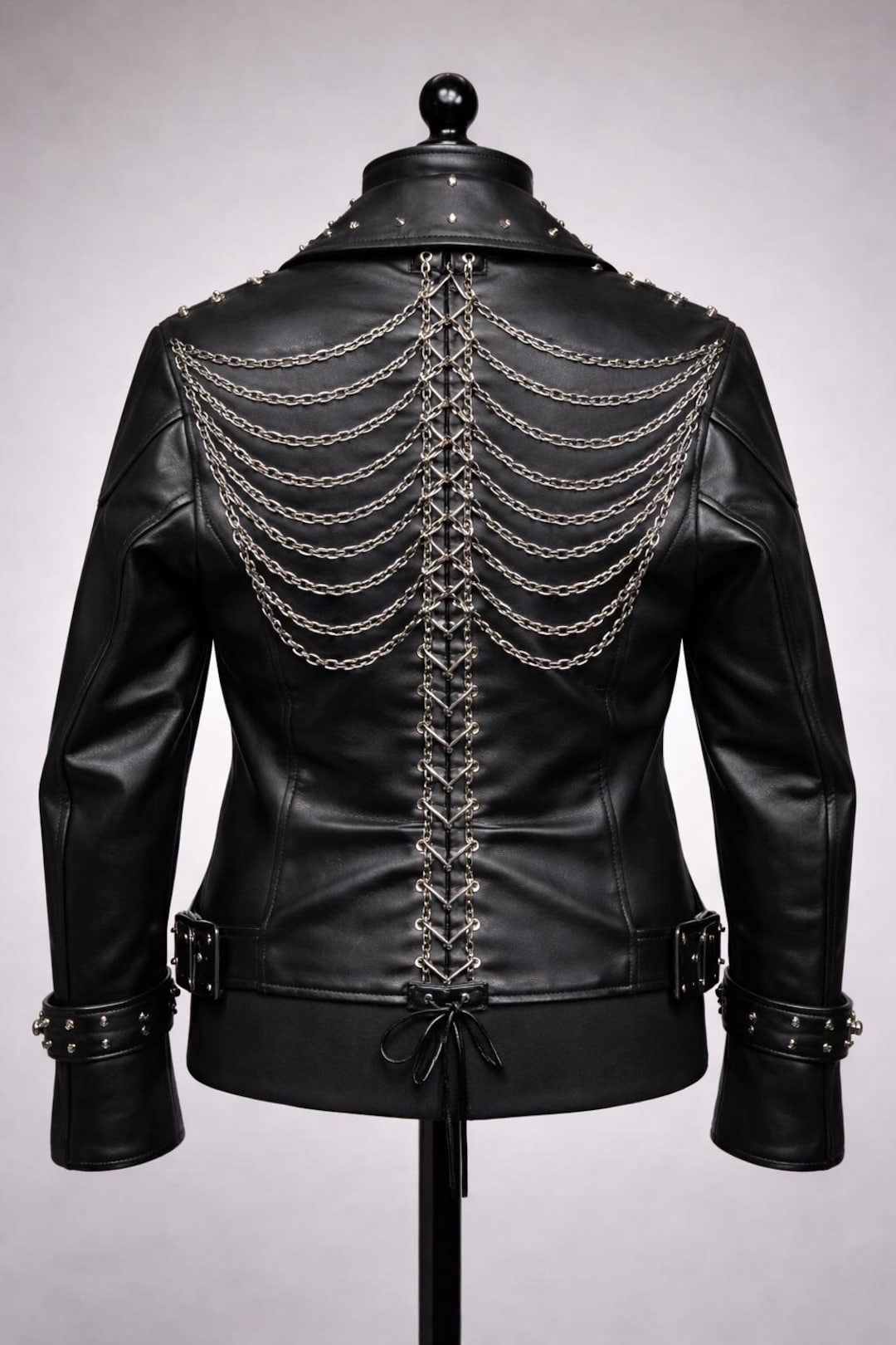 Studded Black Leather Moto Jacket With Drape Chains | Gothic