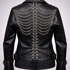 Studded Black Leather Moto Jacket with Drape Chains | Gothic Skeleton Ribcage Biker Jacket