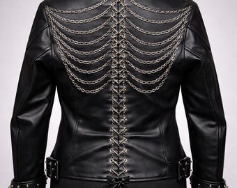 Studded Black Leather Moto Jacket with Drape Chains | Gothic Skeleton Ribcage Biker Jacket