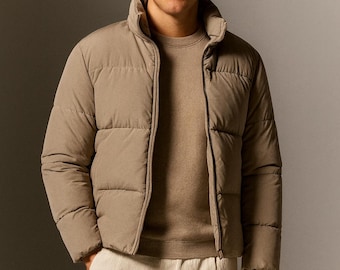Men's Taupe Puffer Jacket | Minimalist Winter Jacket | Lightweight Quilted Coat | Modern Neutral Outerwear