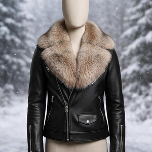 Women's Black Leather Biker Jacket | Luxury Fur Collar Moto Jacket