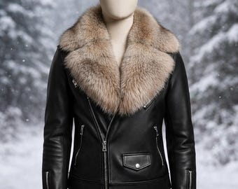 Women's Black Leather Biker Jacket | Luxury Fur Collar Moto Jacket