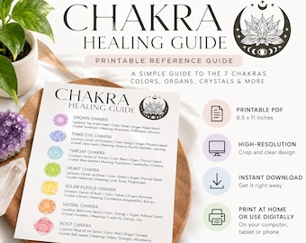May include: A printable Chakra Healing Guide reference sheet featuring the seven chakras with their corresponding colors, organs, and crystals. The text includes Crown, Third Eye, Throat, Heart, Solar Plexus, Sacral, and Root Chakra details.