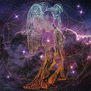 May include: An illustration of an angel with outstretched wings, rendered in gold and orange hues, set against a backdrop of a starry purple and blue nebula. The angel is positioned within a geometric pattern.