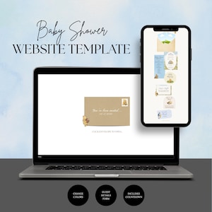 May include: A laptop and smartphone display a baby shower website template. The laptop screen shows a brown envelope with text and a Winnie the Pooh graphic. The smartphone displays various baby shower invitation designs. The background is a light blue watercolor.