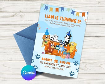 Bluey Birthday Invitation | Editable Canva Template | Kids Cartoon Party Invite