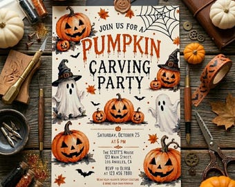 Editable Pumpkin Carving Invitation, Halloween Fall Event Canva Template