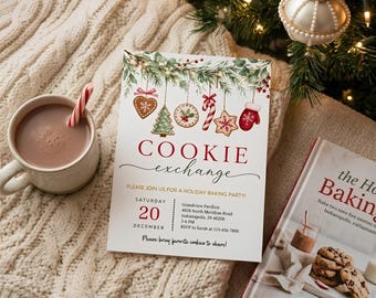 Invito per lo scambio di biscotti di Natale, invito modificabile per lo scambio di biscotti su Canva, invito per la festa dei biscotti natalizi, download immediato