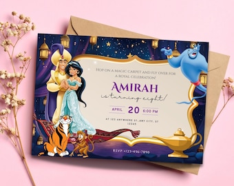 Verjaardagsuitnodiging Aladdin | Magisch paleis prinses- of prinsenfeest | Bewerkbare canvassjabloon | Digitale download