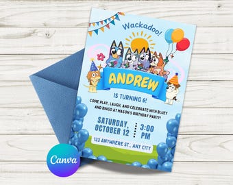 Bluey-verjaardagsuitnodiging | Op canvas bewerkbare uitnodiging voor kinderfeestje